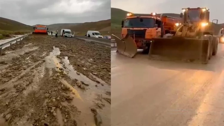 Güclü yağış Bakı-Şamaxı yolunda maneə yaratdı - VİDEO