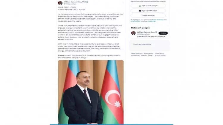 Keniya Prezidenti İlham Əliyevi seçkilərdə qələbəsi münasibətilə təbrik edib