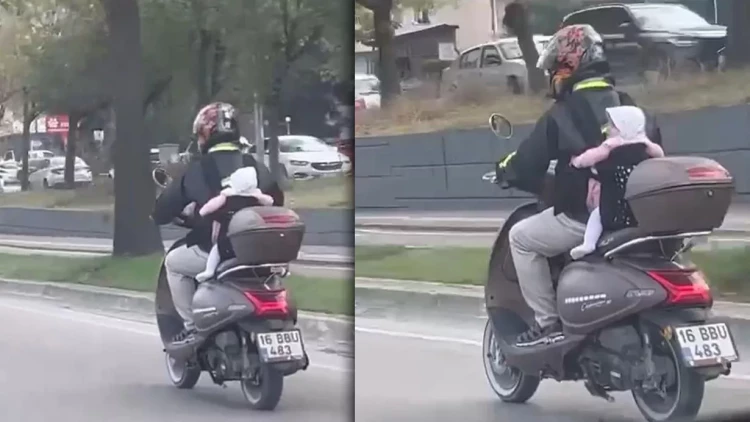 Motosikletli ana görənlərin ürəyini ağzına gətirdi - VİDEO