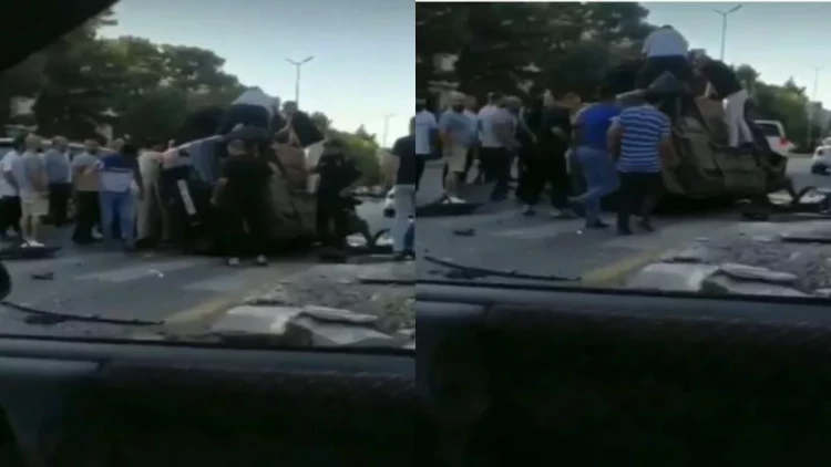 Sumqayıtda QƏZA: Maşın səkiyə çırpılıb aşdı, yaralılar var - VİDEO