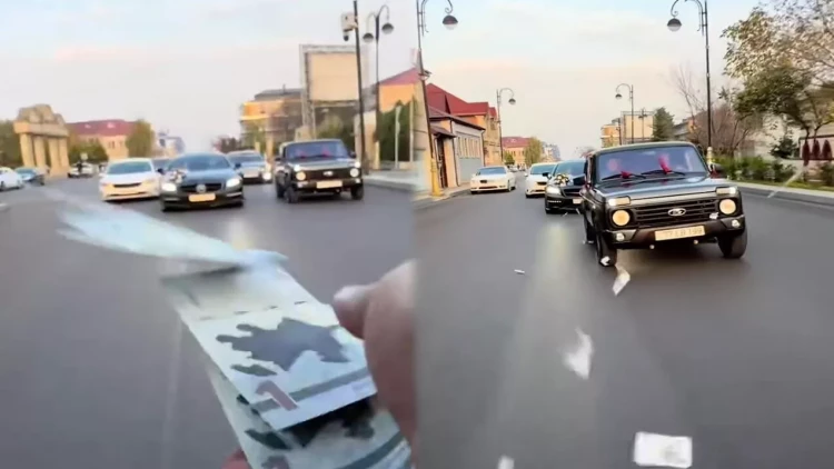 Toy karvanında “avtoş”luq edib yola pul səpdilər - VİDEO