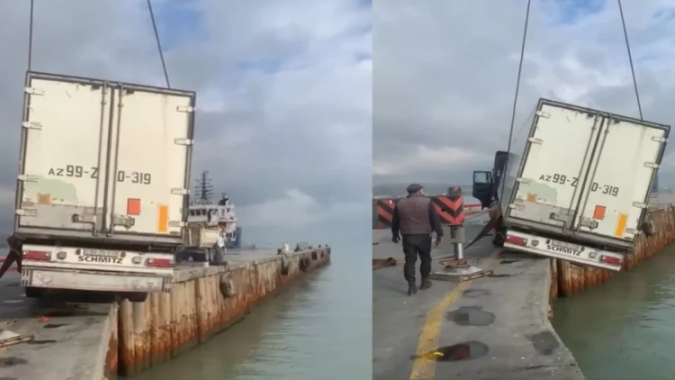 Bakıda TIR dənizə düşmək təhlükəsi ilə üzləşdi - VİDEO